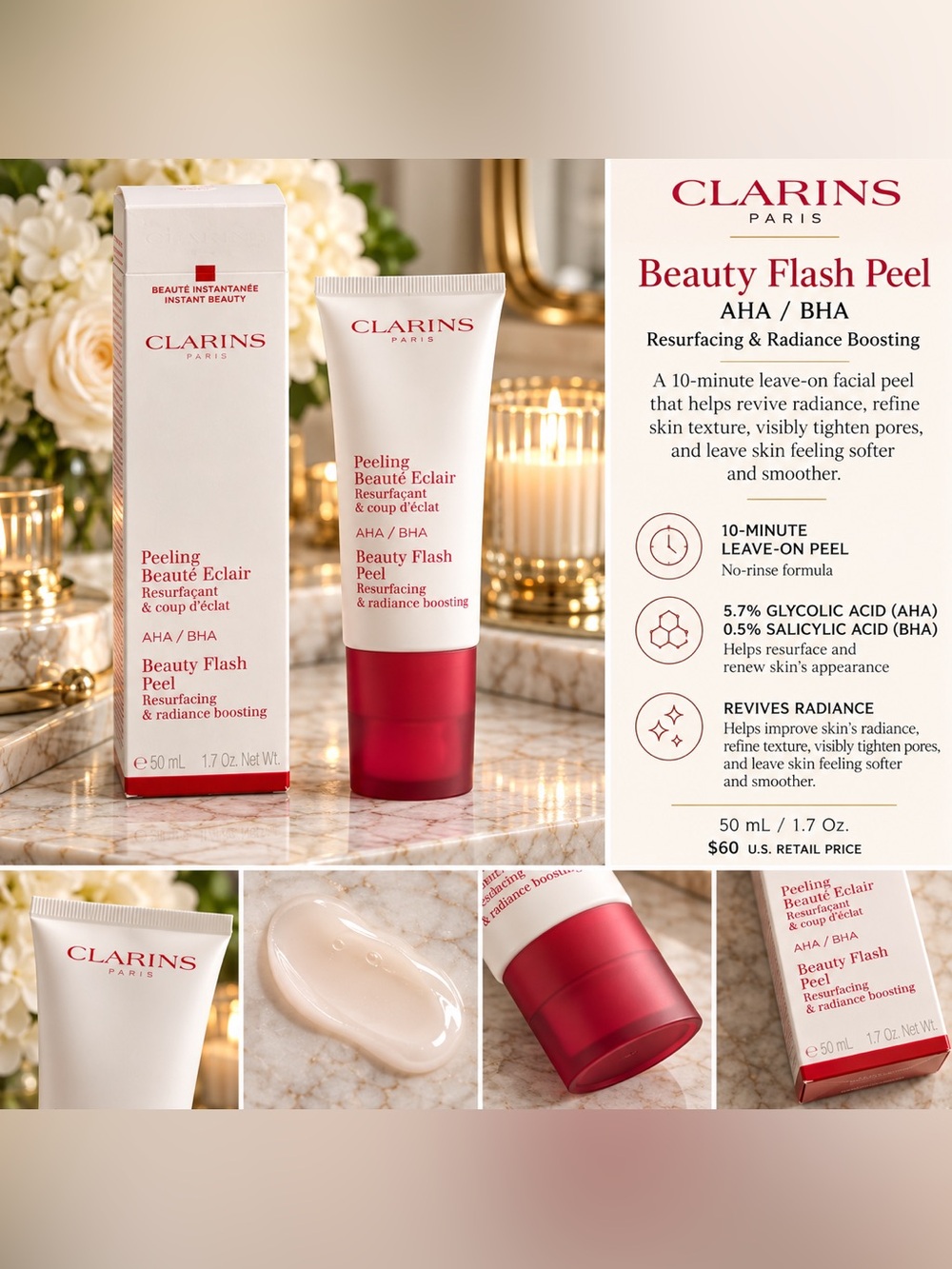 Clarins Beauty Flash Peel AHA BHA 50ml 1.7oz Full Size- NIB- sealed